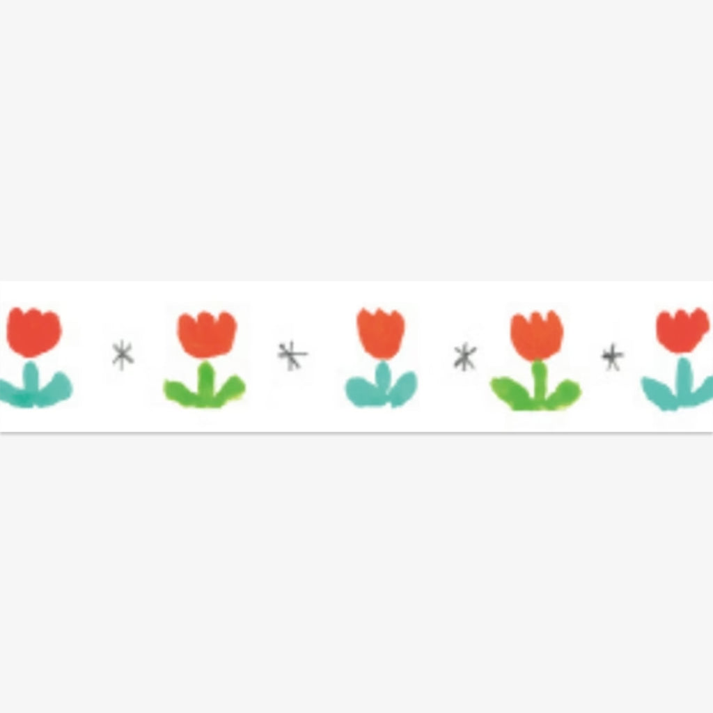 Five red tulips with green stems on a white background
