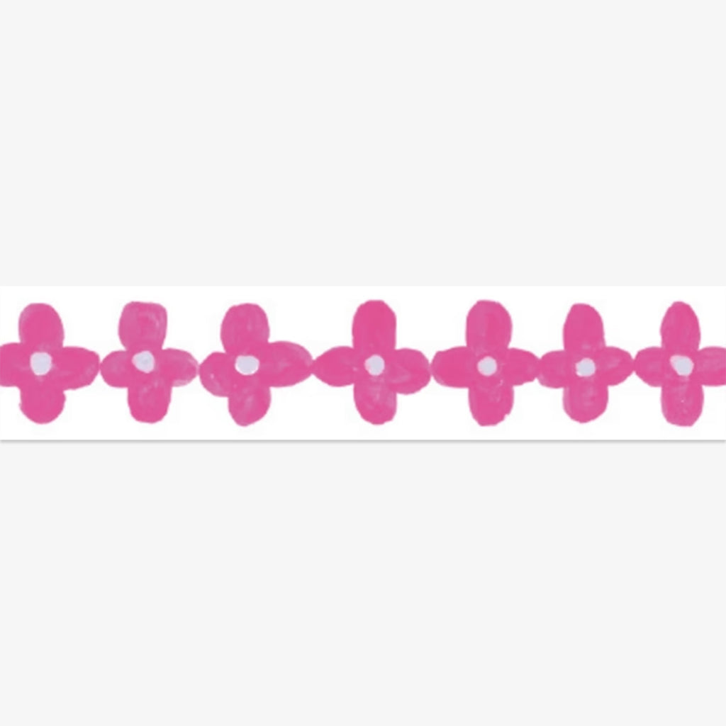 Row of pink flowers with white centers on a white background