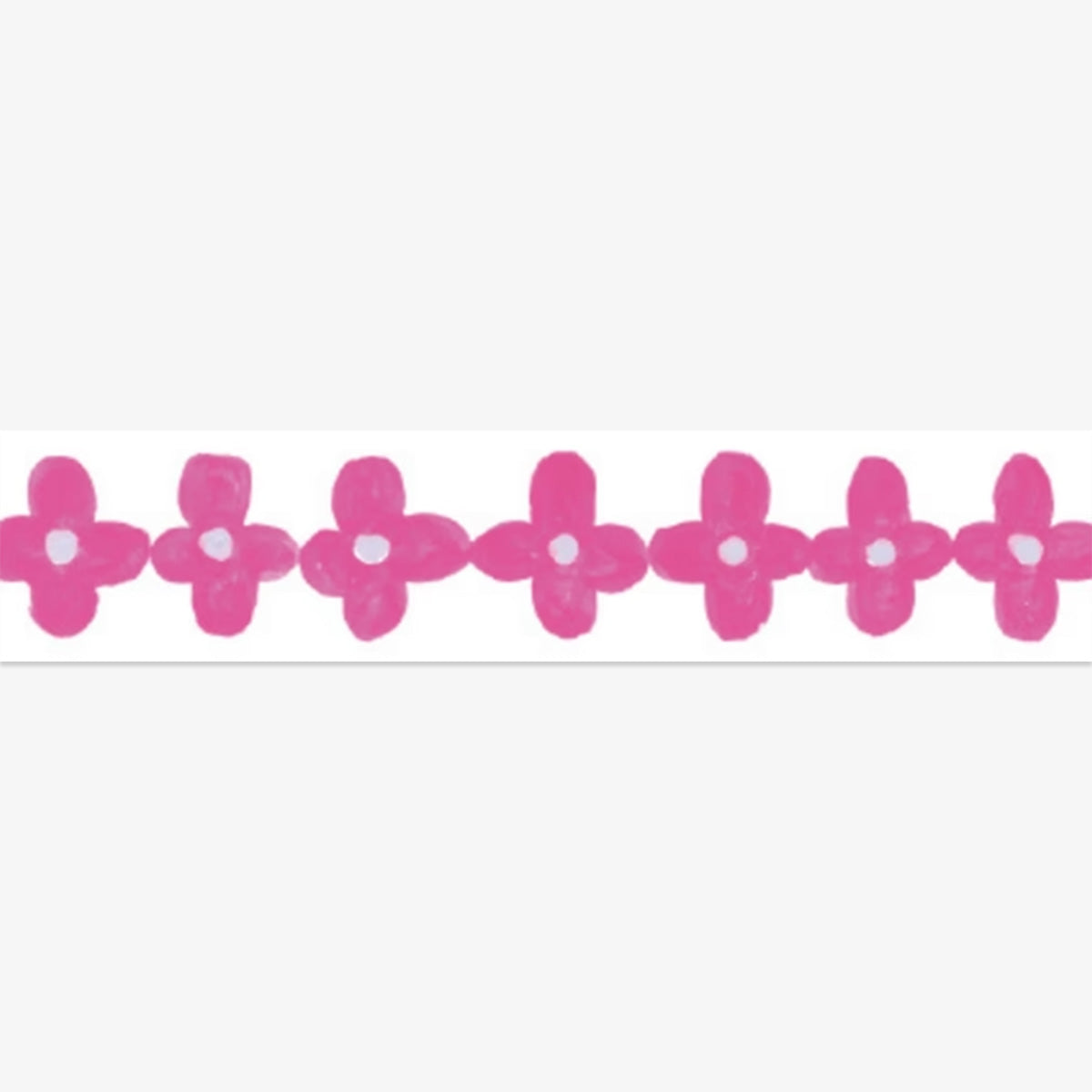 Row of pink flowers with white centers on a white background