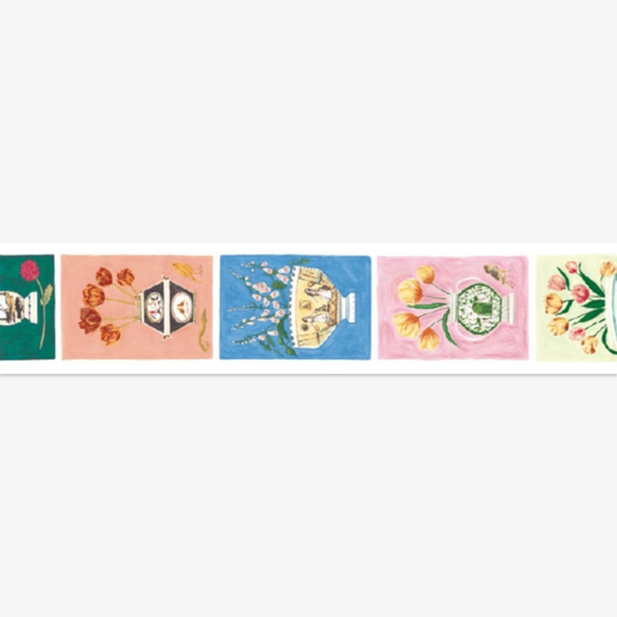 Decorative border strip with floral and teapot designs on a white background