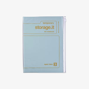 Light blue notebook with 'temporary storage.it' text on a white background