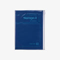 Blue A5 notebook in packaging with 'temporary storage.it' text on a white background