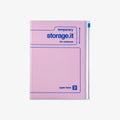 Pink A5 notebook in pink with 'temporary storage.it' text on a white background