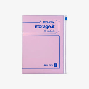 Pink A5 notebook in pink with 'temporary storage.it' text on a white background
