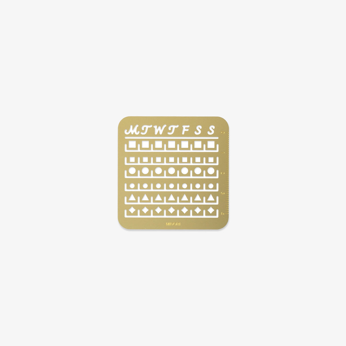 Gold calendar stencil with days of the week symbols on a white background
