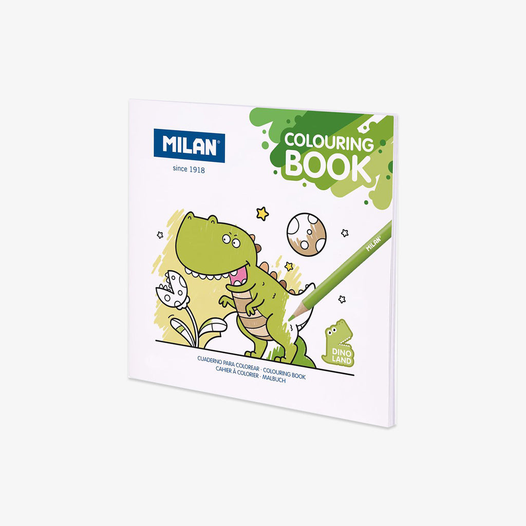 Milan colouring book with dinosaur illustration on a white background
