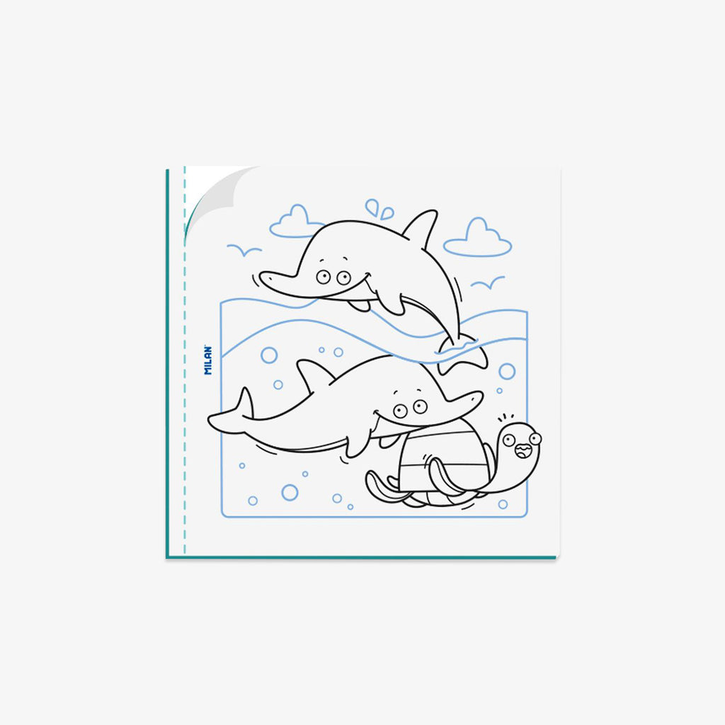 Coloring book page with two dolphins and a fish underwater scene