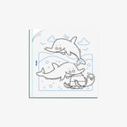 Coloring book page with two dolphins and a fish underwater scene