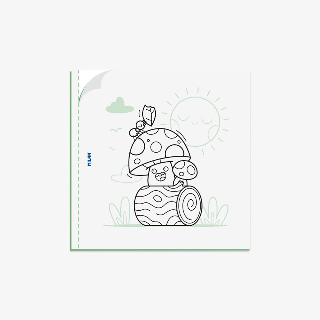 Page with illustration of a mushroom character with a flower on a white background