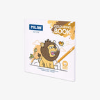 Milan colouring book with a cartoon lion on a white background