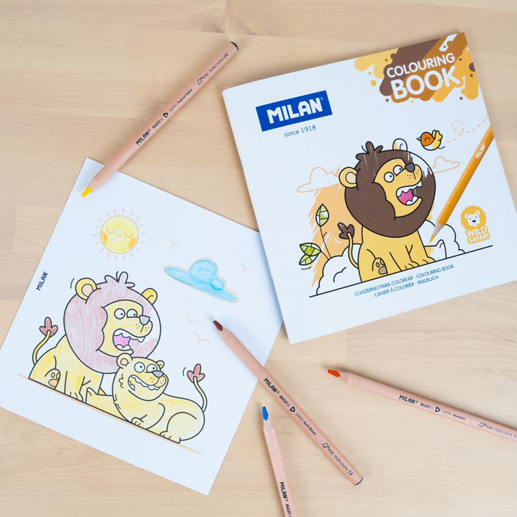 Milan coloring book with lion illustrations and colored pencils on a wooden surface
