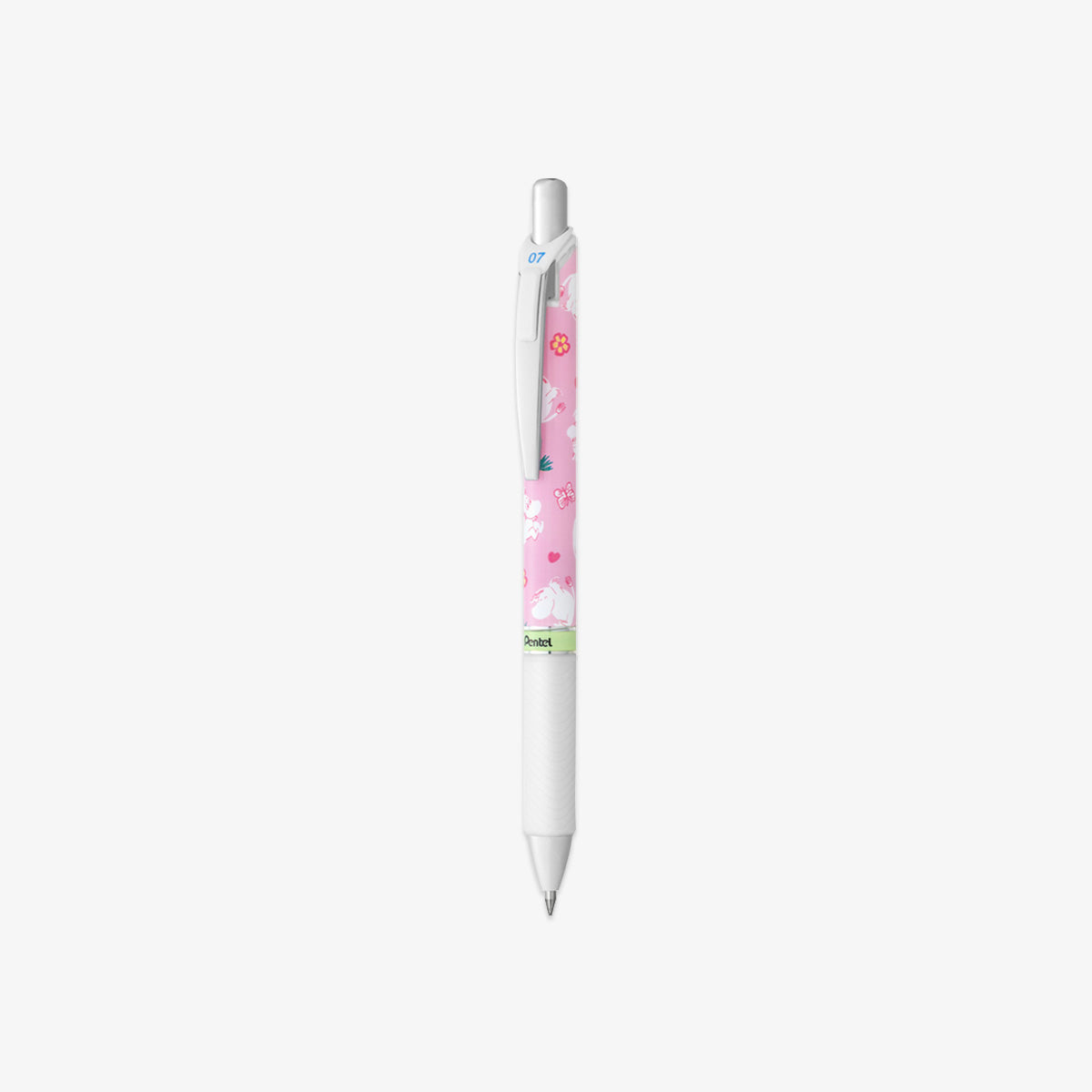 White pen with a pink floral moomin design on a white background