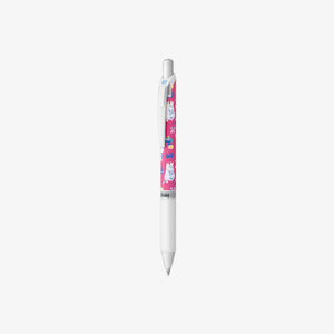 White pen with a colorful moomin design on the clip against a white background
