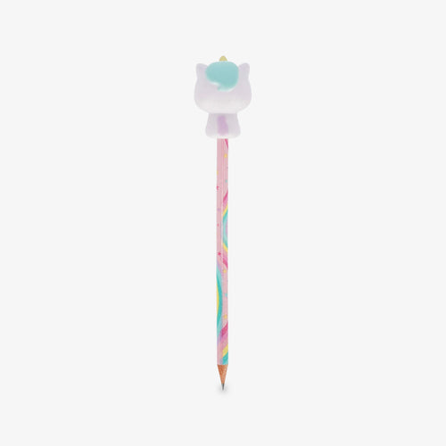 A pastel-colored pencil with a the back of a cute cartoon unicorn squishy character on top, set against a plain light gray background.