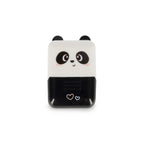 Panda-shaped roller stamp with a white face and black body on a white background