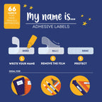 Instructions for using adhesive labels on a blue background with icons and text.