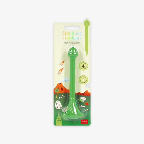 Green stand-up ballpoint pen with base with packaging on a white background