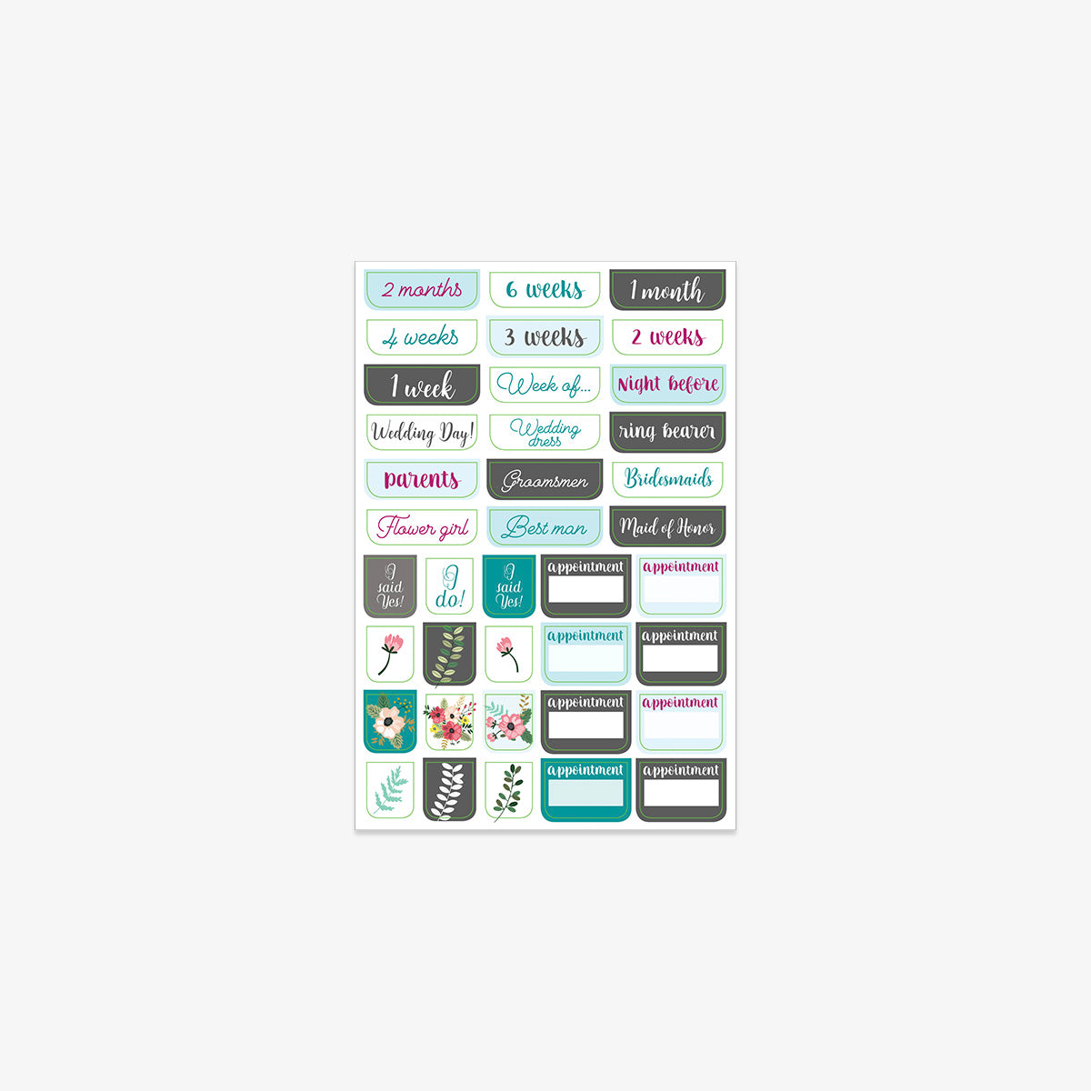 Collection of wedding-themed planner stickers on a white background