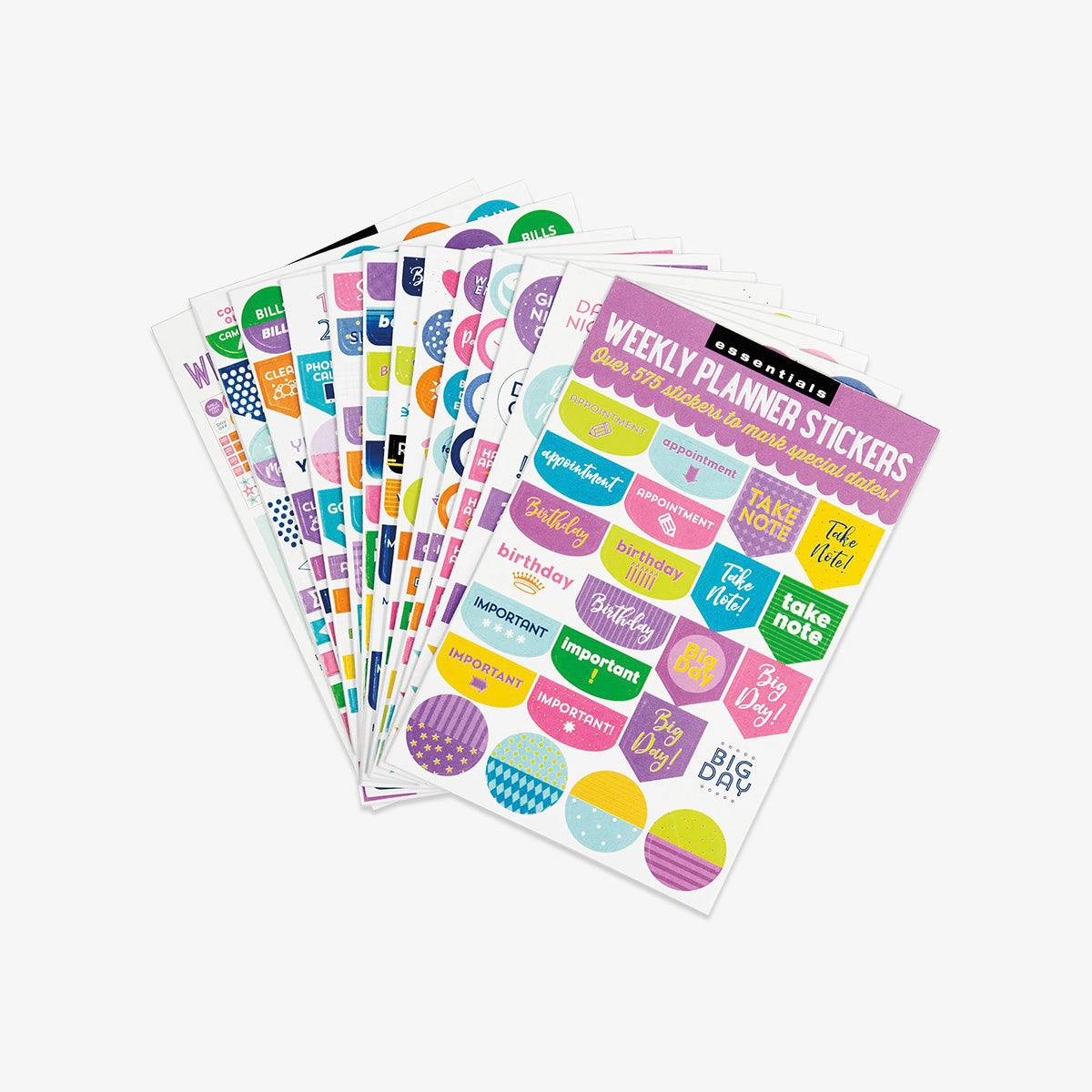 Set of colorful weekly planner stickers on a white background