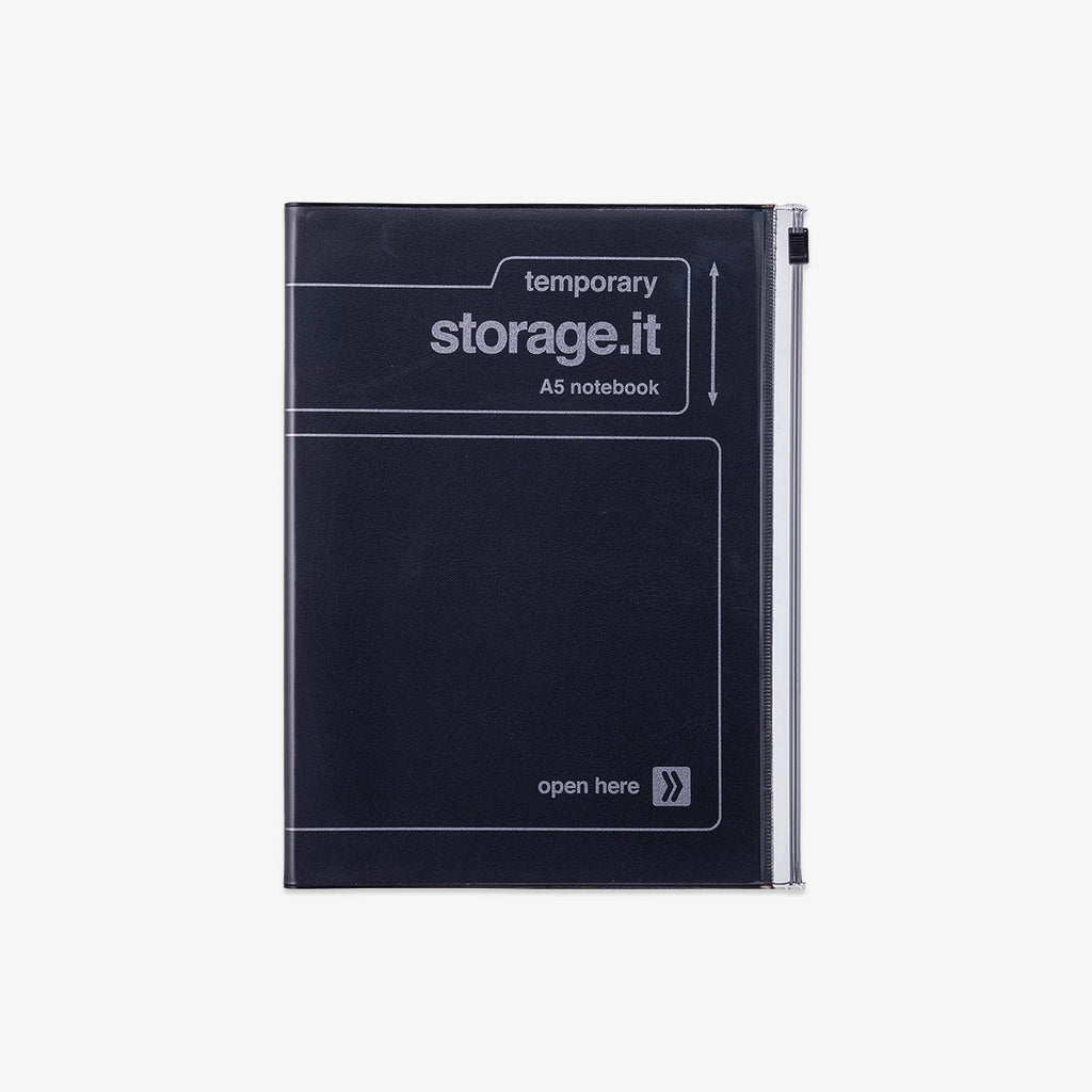 Black A5 notebook with 'temporary storage.it' branding on a white background