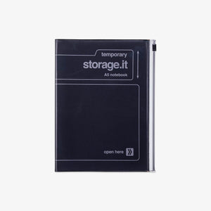 Black A5 notebook with 'temporary storage.it' branding on a white background
