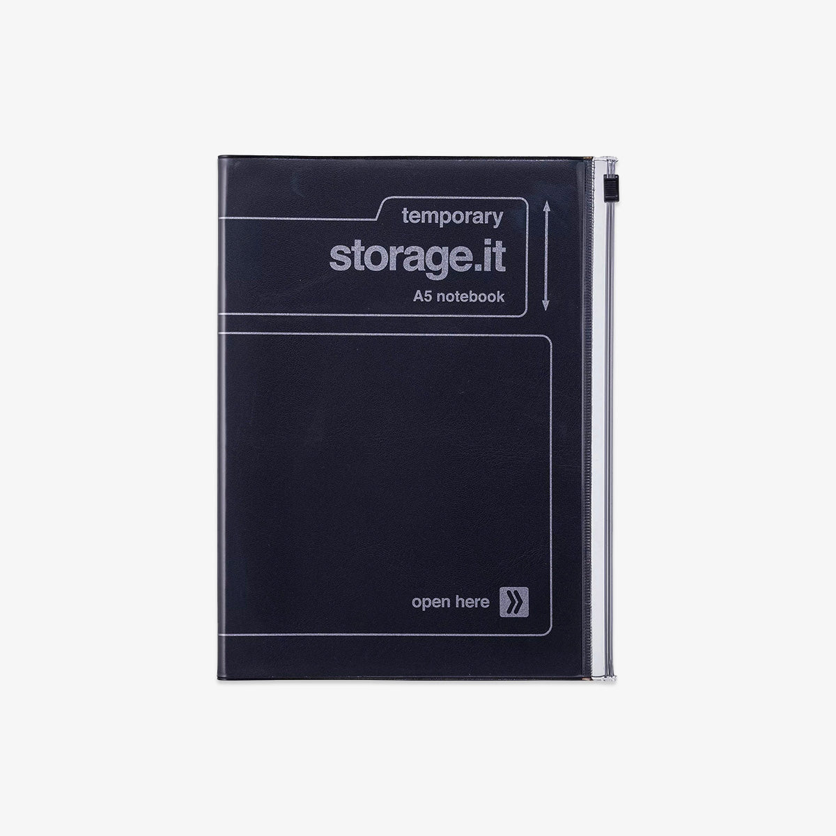Black A5 notebook with 'temporary storage.it' branding on a white background