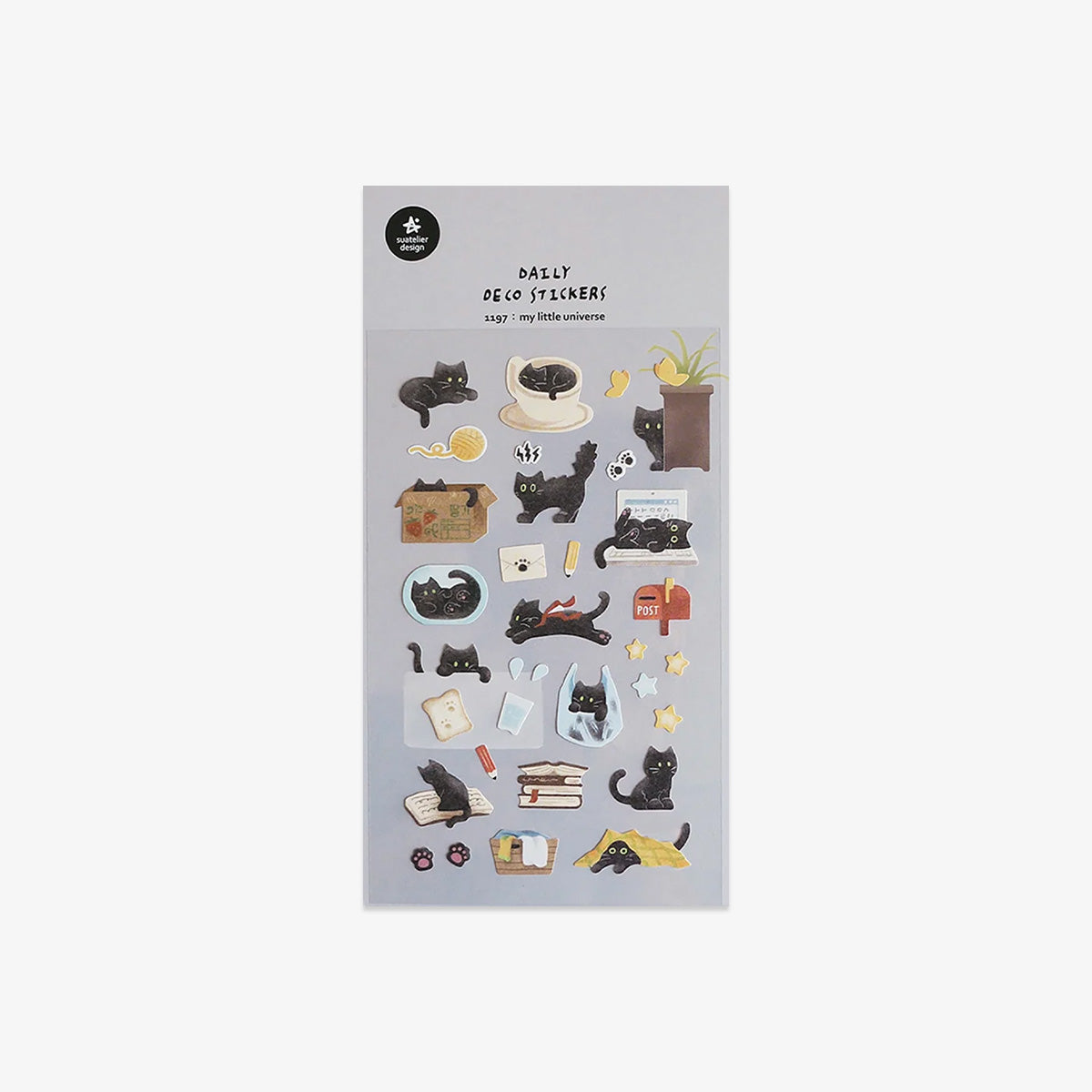 Sheet of decorative stickers with various small illustrations of cats and interior