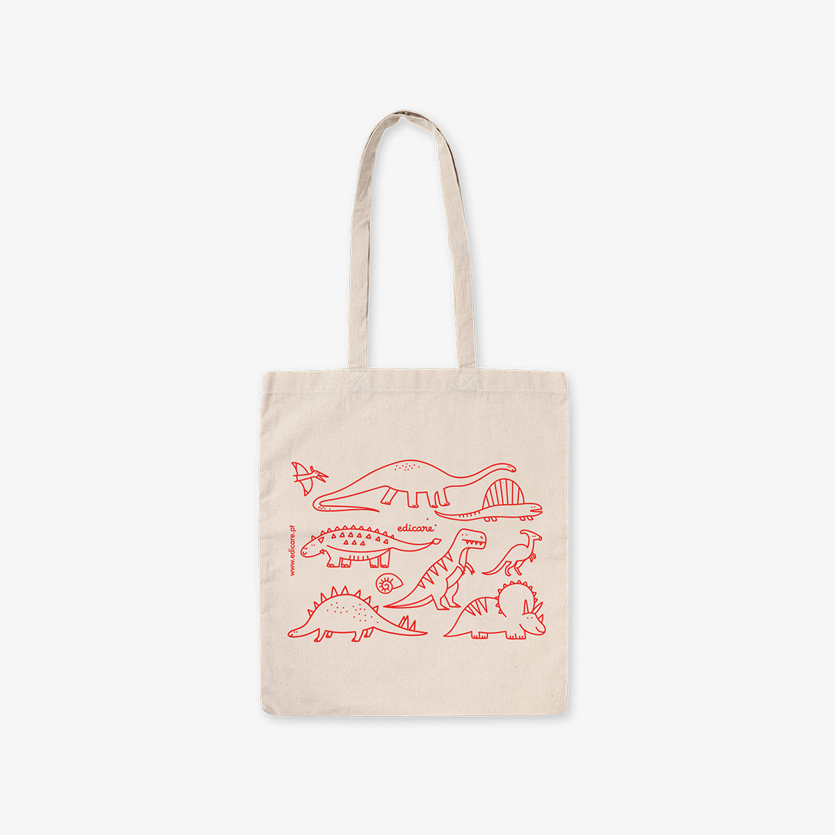 Beige tote bag with red dinosaur illustrations on a white background