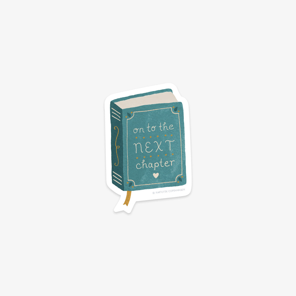 Book-shaped sticker vinyl with 'On to the Next Chapter' text on a white background