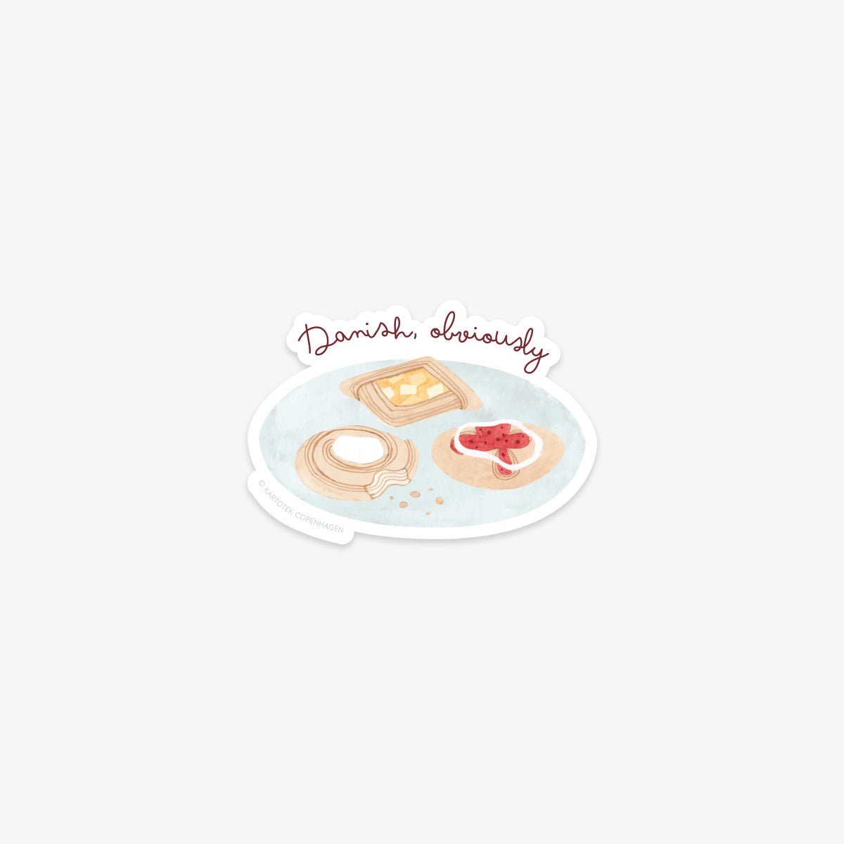 Vinyl sticker wit an illustration of a plate with Danish pastries on a white background with 'Danish, obviously' text.
