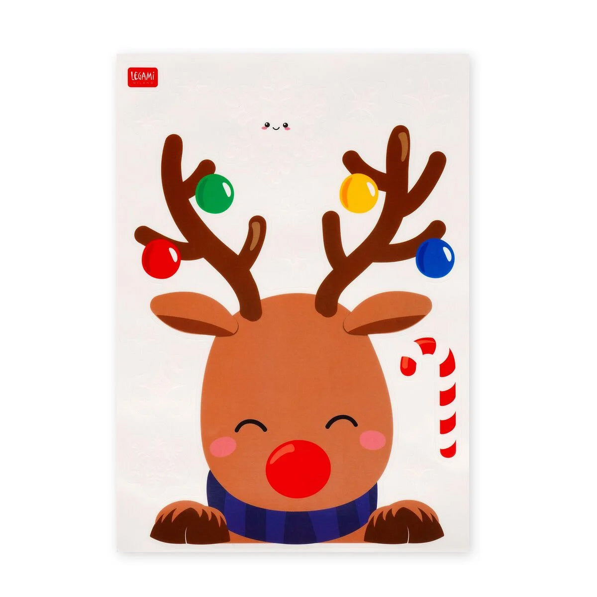 Window sticker with Cartoon reindeer with colorful antlers and a candy cane on a white background