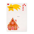 Sheet of Christmas-themed window stickers with a gingerbread house, candy cane, and star design on a white background.