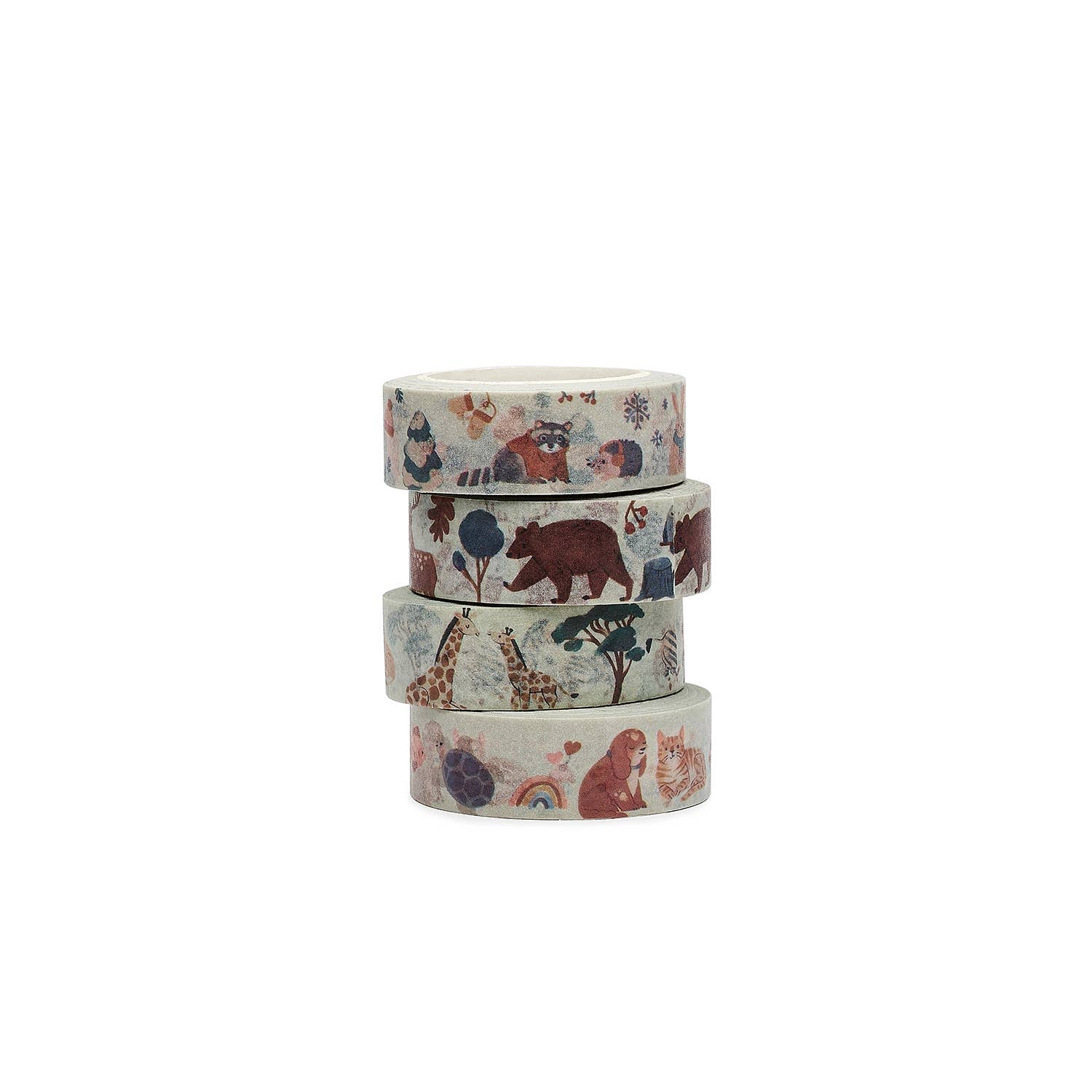 Set of four washi tapes with animal designs on a white background