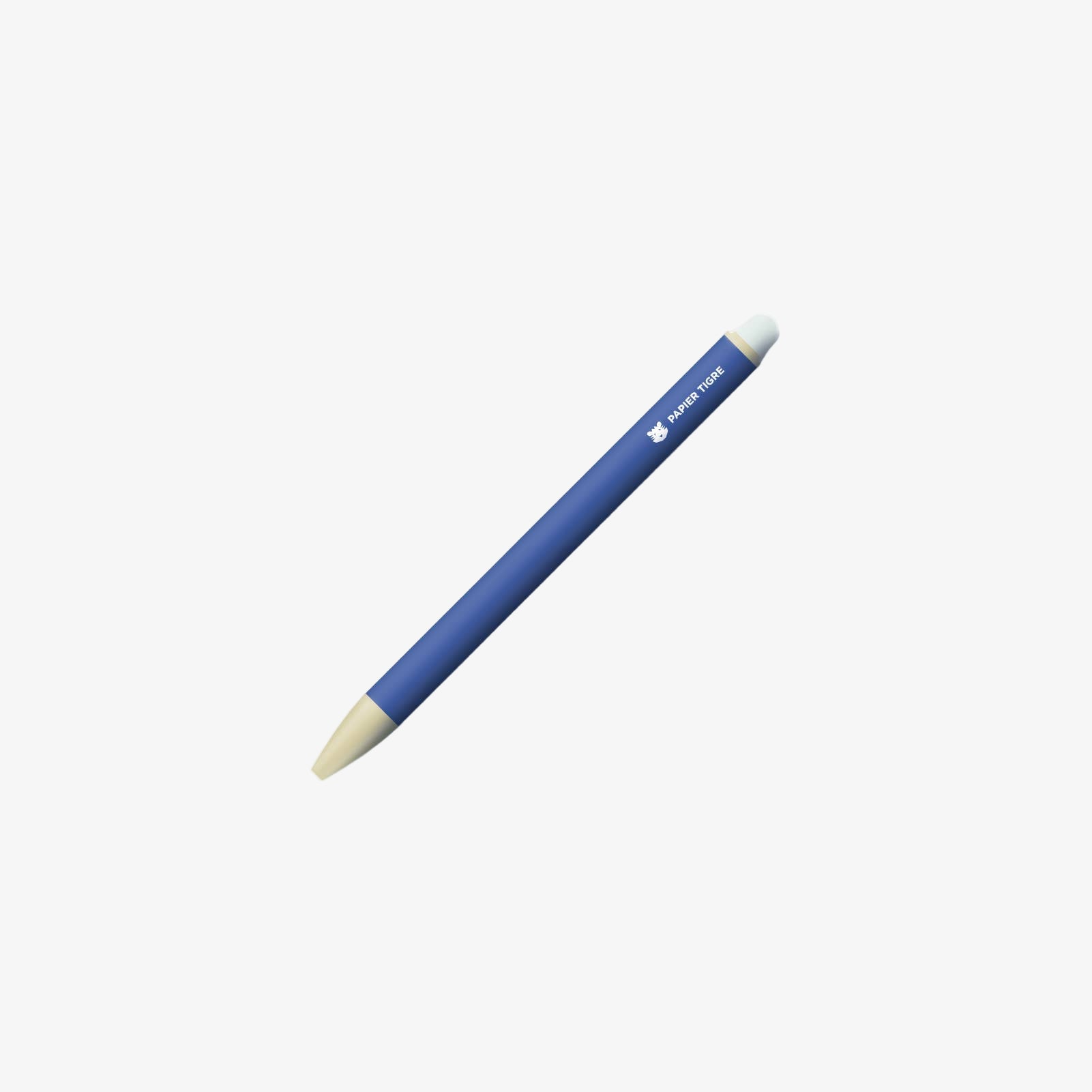 Blue erasable pen with a white tip on a light gray background
