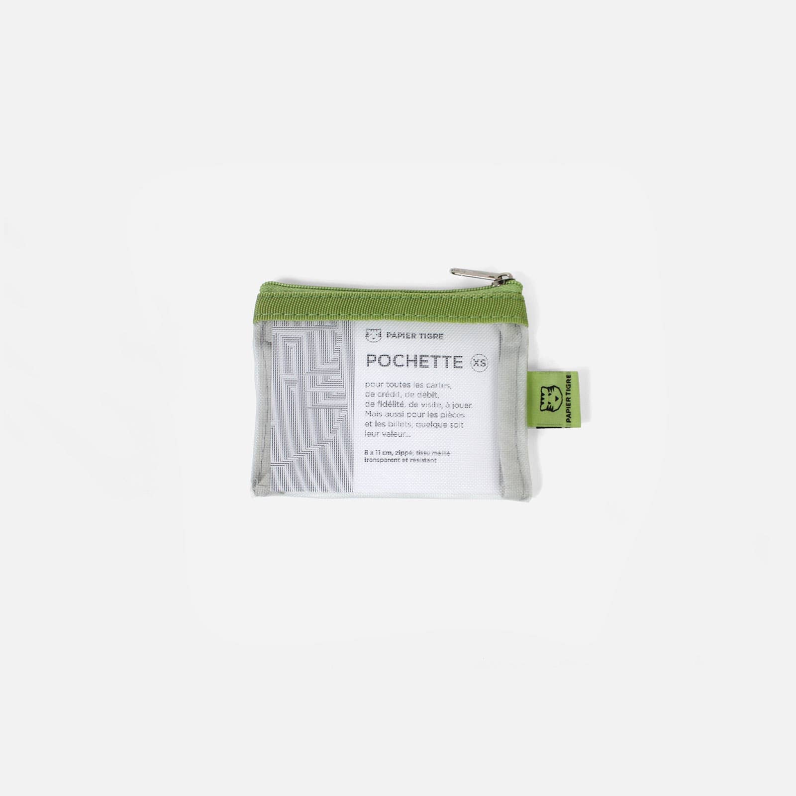 Small green zippered mesh pouch on a white background