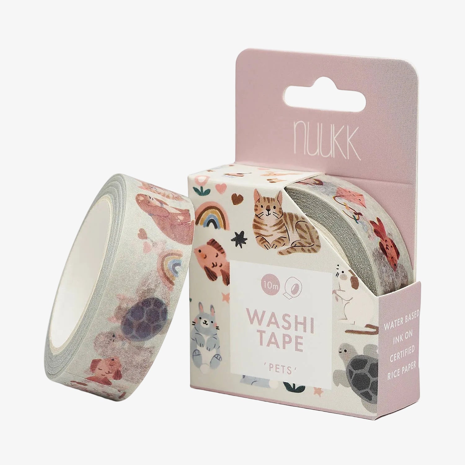 Washi tape with cute animal designs and packaging on a white background