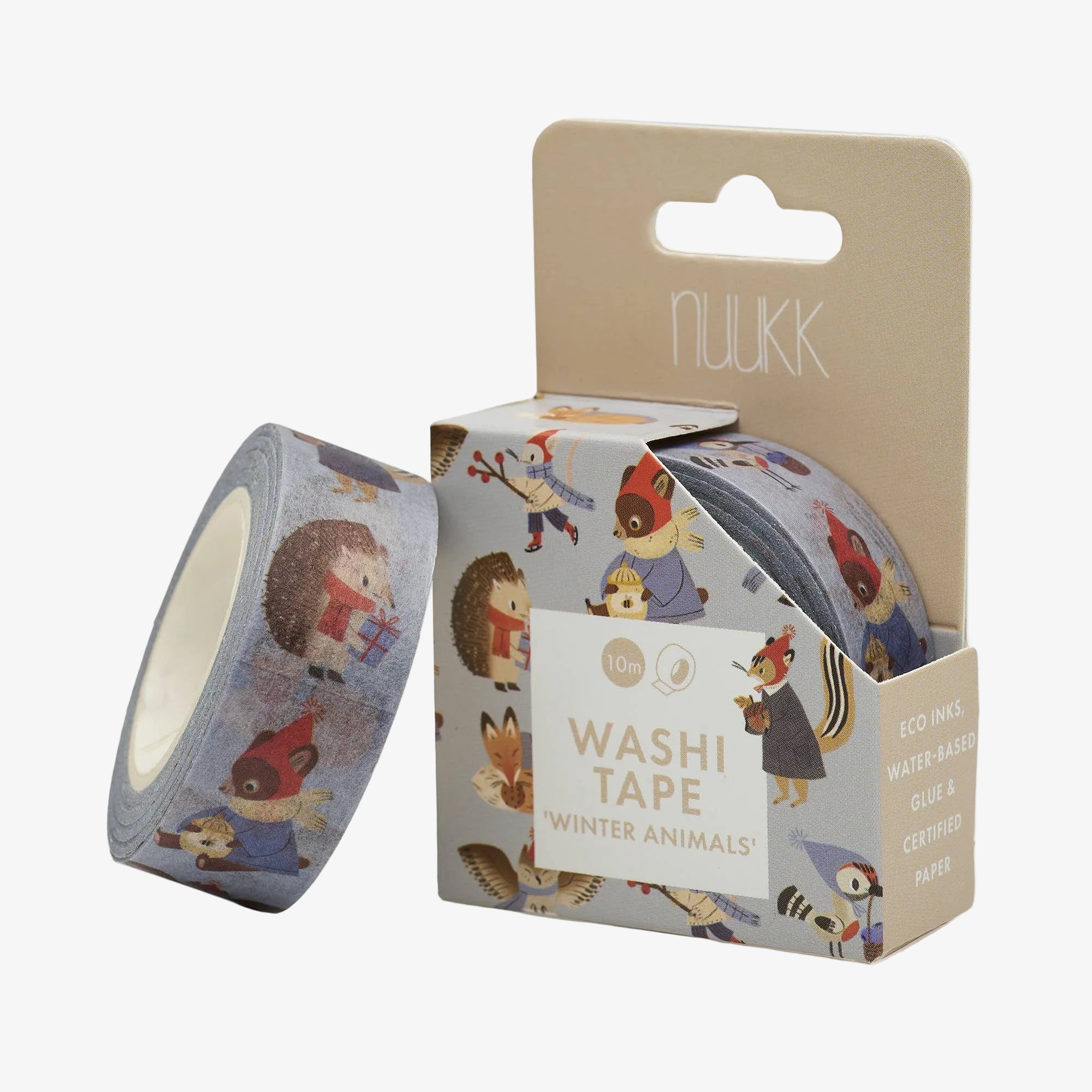 Washi tape with winter animal design and packaging on a white background