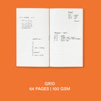 An open grid planner or notebook shown on a solid orange background, with handwritten notes on the pages and text below reading 'GRID 64 PAGES | 100 GSM'.